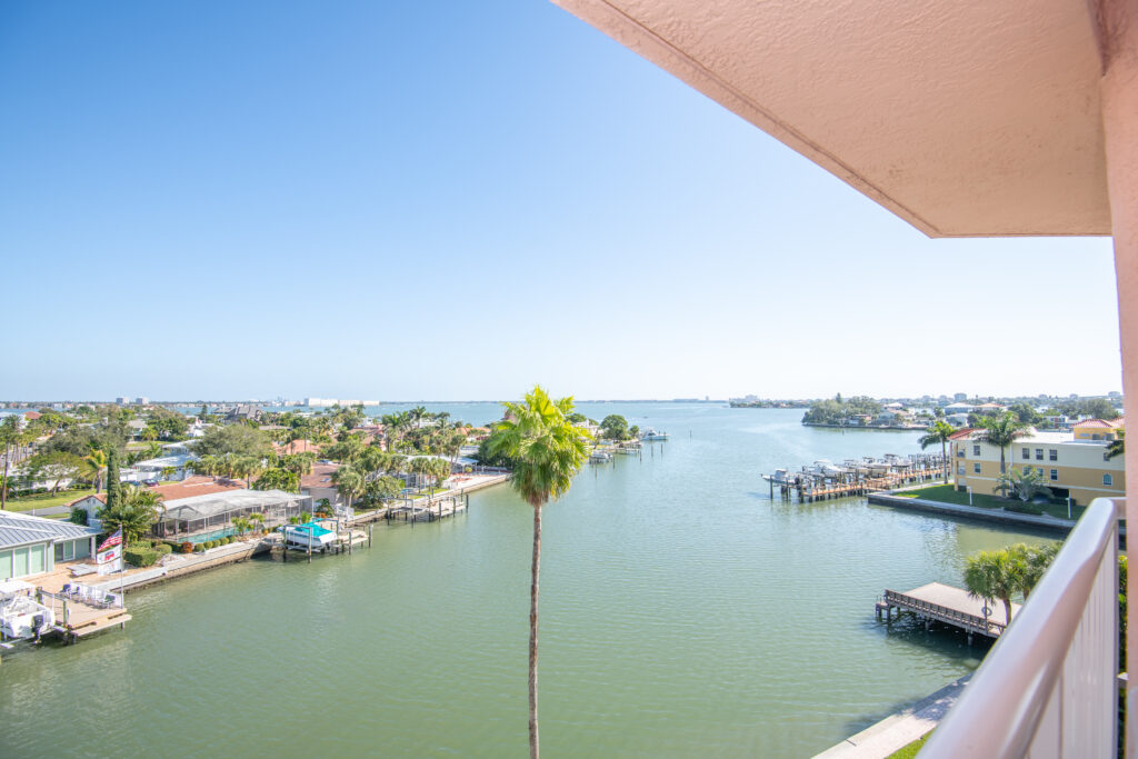 view from balcony with a tall palm tree in the middle, overlooking a bay with homes and boat docks