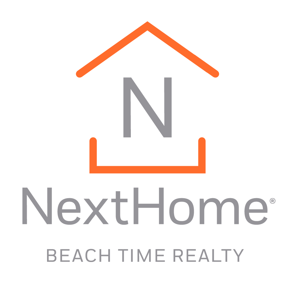 Image of logo shows a gray letter N encased in a house shape with orange lines with text NextHome Beach Time Realty underneath
